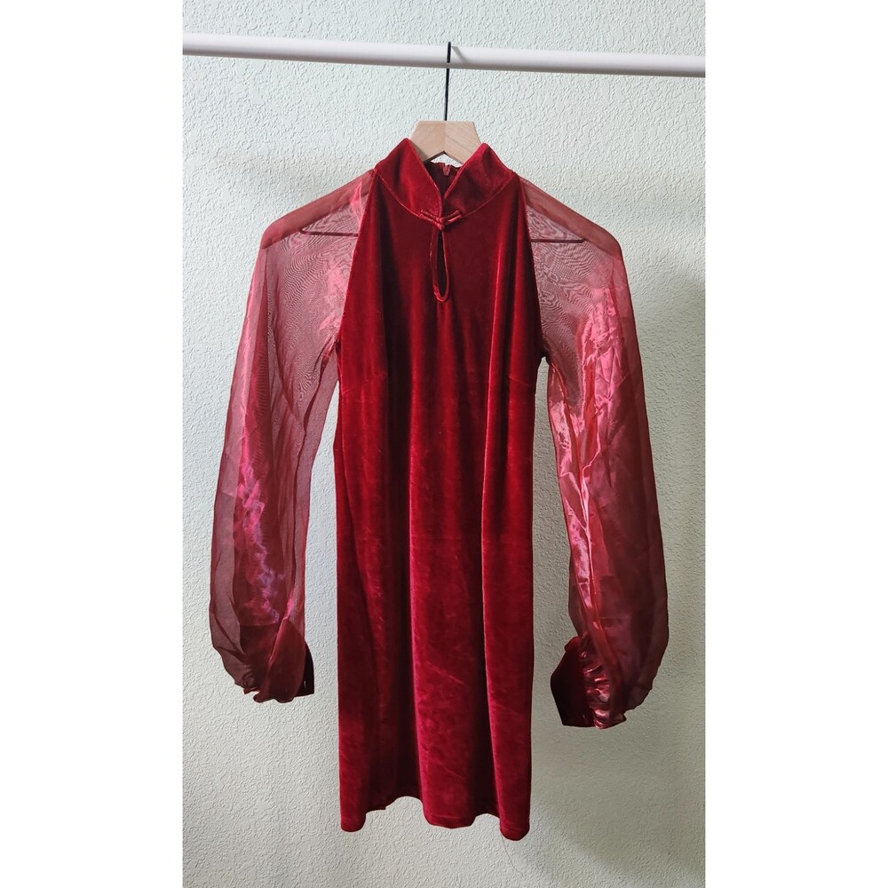 Red Velvet Long Sleeve Dress with Sheer Sleeves